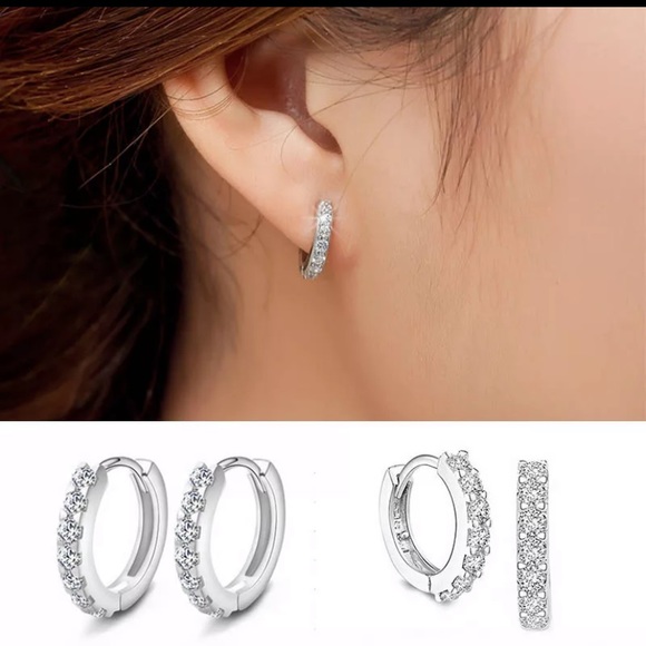 Sterling Silver CZ Diamond Huggie Hoop Earrings - Picture 5 of 9